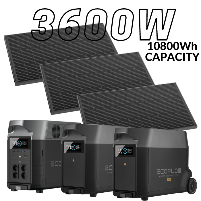 קיט סולארי ECOFLOW - תחנת כח DELTA3600 קיבולת 10.8Kwh -הספק 3.6KW + סט 2 תאי הרחבה + סט 3 פאנלים סולאריים קשיחים 540W