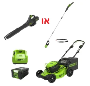 מבצע מיוחד! דיל Greenworks 80V מכסחת נסיעה עצמית "21 + סוללה 5Ah ומטען - לבחירה גוף מפוח 80V או גוף מסור שרשרת גובה 80V
