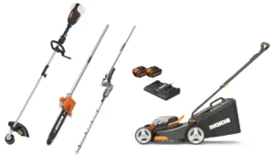 דיל WORX מכסחת דשא נטענת 40v ומשולב 40v כולל חרמש+דיסק, מגזמת גובה מתכווננת, מסור שרשרת גובה 2 סוללות 4A ומטען