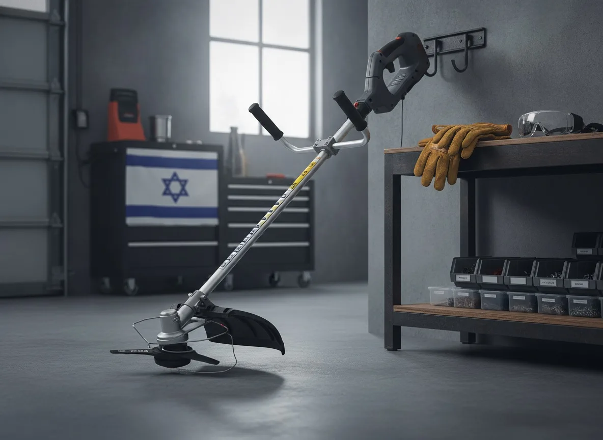 חרמש מאוחסן במקום יבש ומסודר לצד כפפות עבודה ומשקפי מגן